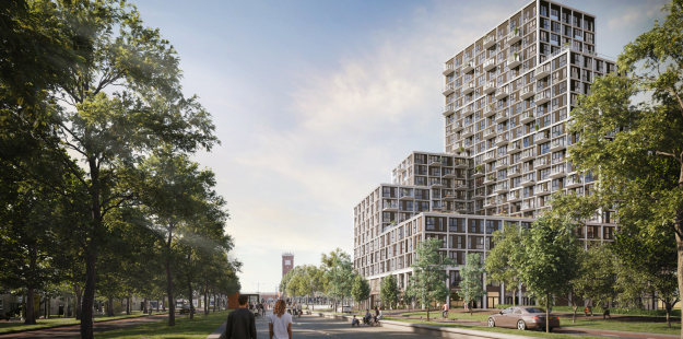 Aanzicht vanaf de weg waarbij het nieuwbouw project te zien is