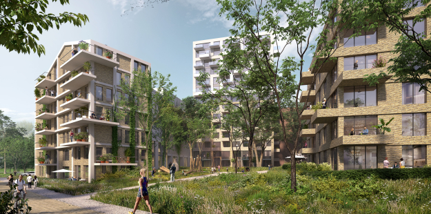 3 wooncomplexen in een groene omgeving waar een persoon langs wandeld