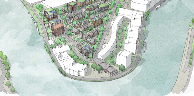 Bouwtekening van het project vanaf de lucht getekend