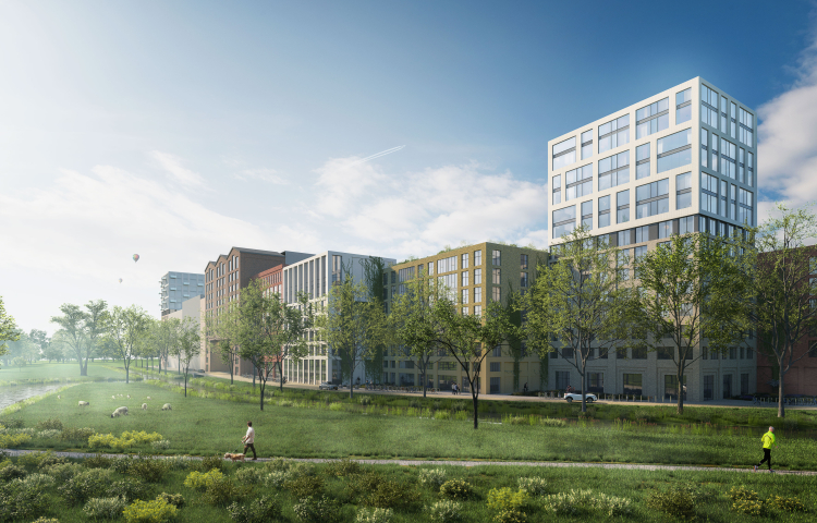 Impressie beeld van het Archimedeskwartier, met een groene omgeving en wooncomplexen in de achtergrond