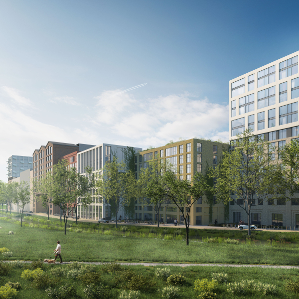 Impressie beeld van het Archimedeskwartier, met een groene omgeving en wooncomplexen in de achtergrond