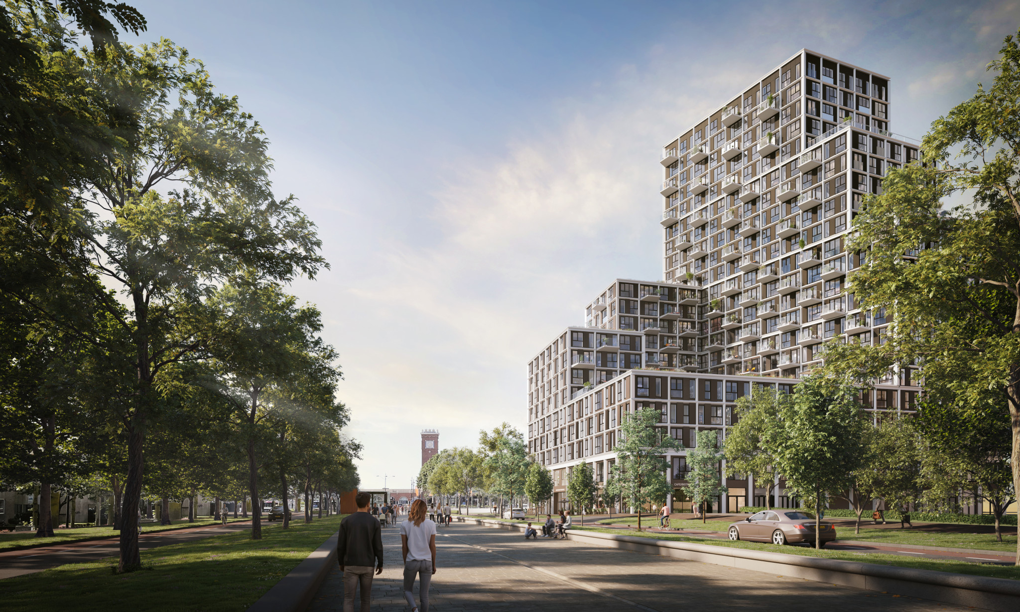 Aanzicht vanaf de weg waarbij het nieuwbouw project te zien is
