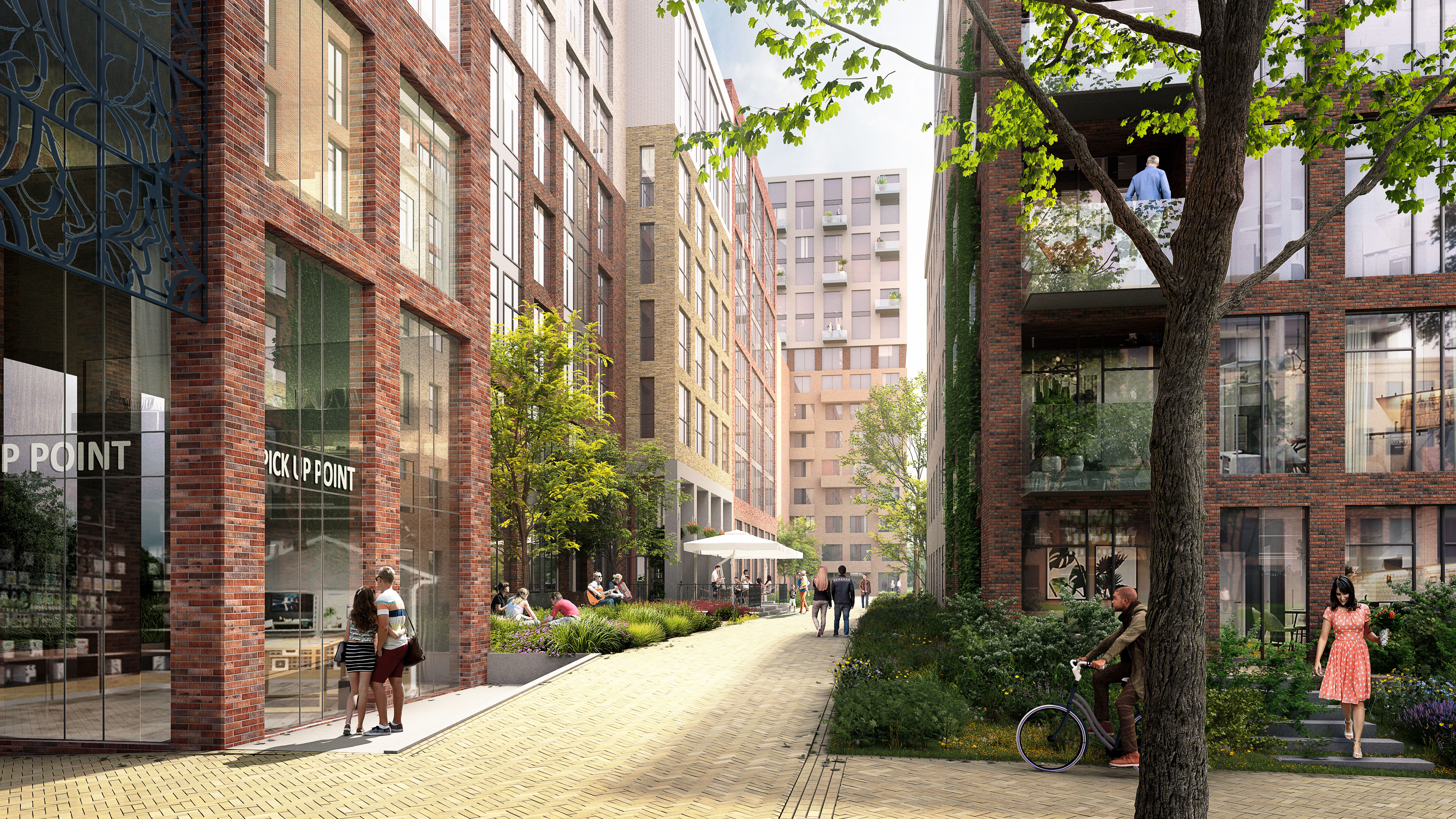 Inkijk in straat van het project waar winkels en terassen bevinden en bewoners wandelen